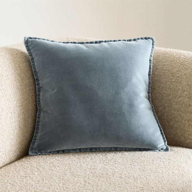 Relaxed Washed Organic Cotton Velvet 20"x20" Blue Throw Pillow with Feather Insert