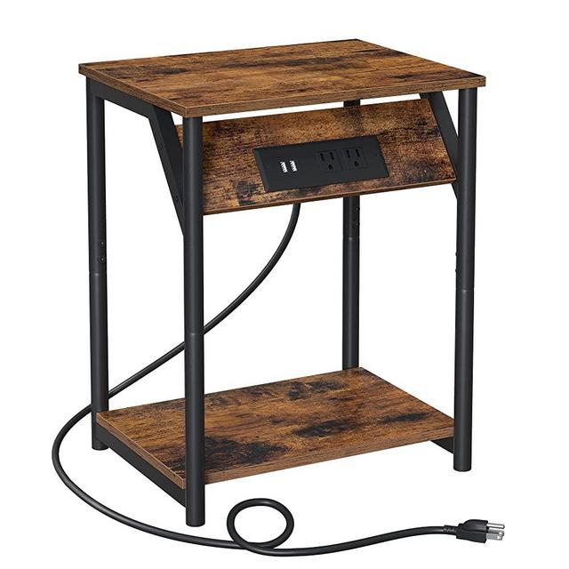 VASAGLE Side Table with Charging Station, End Table with USB Ports and Outlets, Nightstand for Living Room, Bedroom, Plug-in Series, Rustic Brown and Black ULET371B01