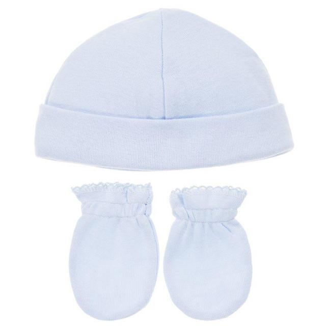 Babidu Blue Cotton Hat & Mittens Set