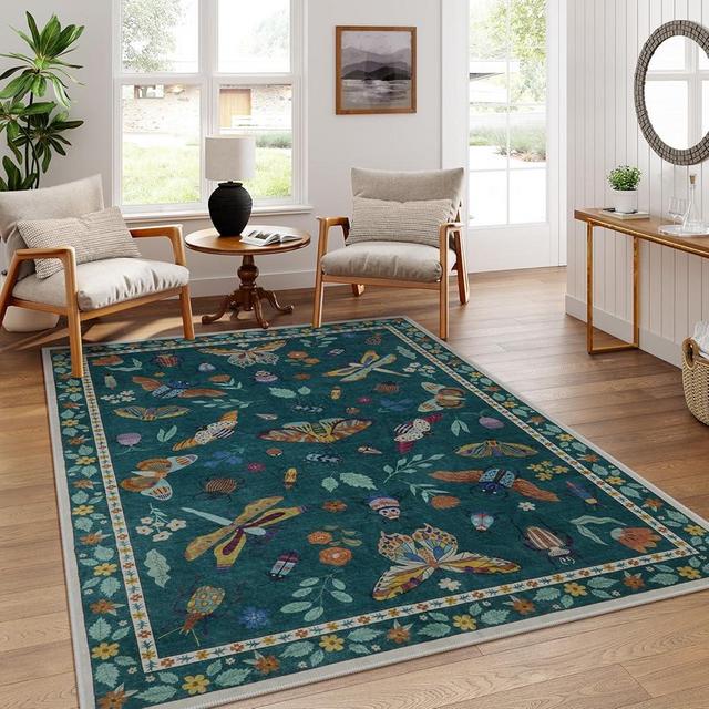 Lahome Insect Print 5x7 Area Rugs for Living Room, Soft Washable Rugs for Bedroom Ultra-Thin Non Slip Modern Rug, Stain Resistant Throw Rug Carpet for Office Nursery Dining Room(5'x7',Dark Green)