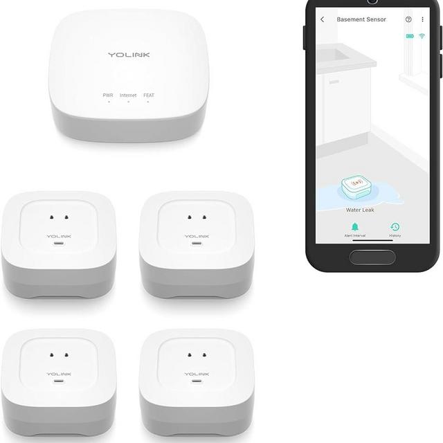 YoLink Smart Home Starter Kit: Hub & Water Leak Sensor 4 with 105dB Audio Alarm 4-Pack, SMS/Text, Email & Push Notifications, Freeze Warning, LoRa Up to 1/4 Mile Open-Air Range, w/Alexa, IFTTT