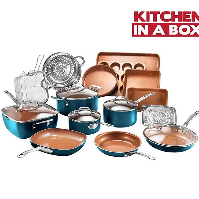 Gotham Steel Cookware + Bakeware Set with Nonstick Durable Ceramic Copper Coating – Includes Skillets, Stock Pots, Deep Square Fry Basket, Cookie Sheet and Baking Pans, 20 Piece, Turquoise