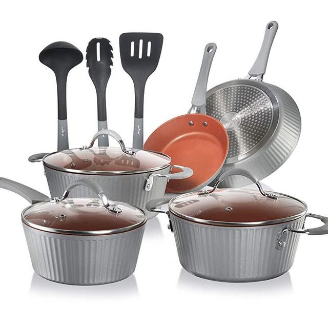 NutriChef Nonstick Cookware Excilon |Home Kitchen Ware Pots & Pan Set with Saucepan, Frying Pans, Cooking Pots, Lids, Utensil PTFE/PFOA/PFOS free, 11 Pcs, Gray