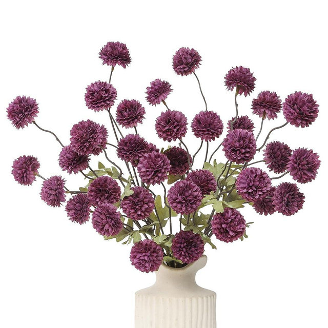DuHouse 6pcs Artificial Flowers Faux Silk Pompon Mum,Silk Small Mini Chrysanthemum Ball with Stems for DIY Bouquets Centerpieces Vase Home Table Kitchen Decorations(Plum)