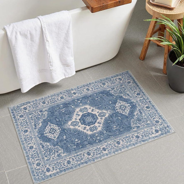 Seavish Blue Boho Bathroom Rugs, 18x26 Inch Vintage Distressed Absorbent Bath Mat, Small Non Slip Washable Bath Rug for Sink Shower Vanity, Soft and Comfortable Oriental Bathroom Floor Mat