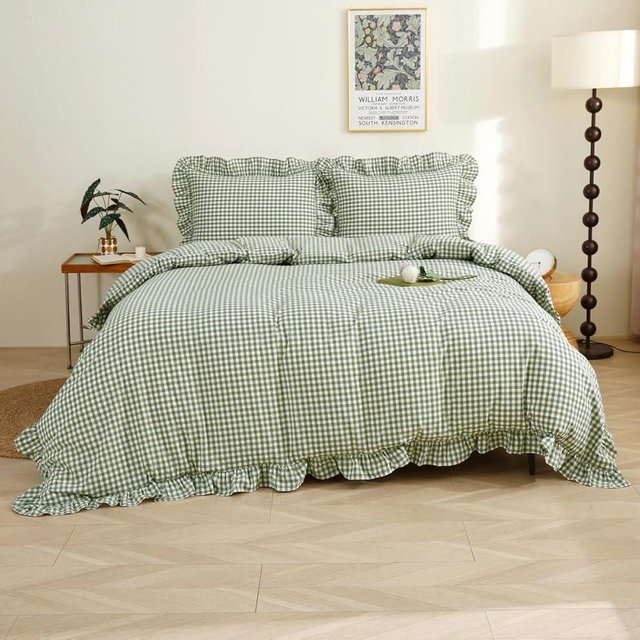 Silnuo Sage Green/White Plaid Ruffle Duvet Cover King Size,100% Washed Cotton 3 Pcs Vintage Checkered Chic Gingham Farmhouse Bedding Set Comforter Cover Set