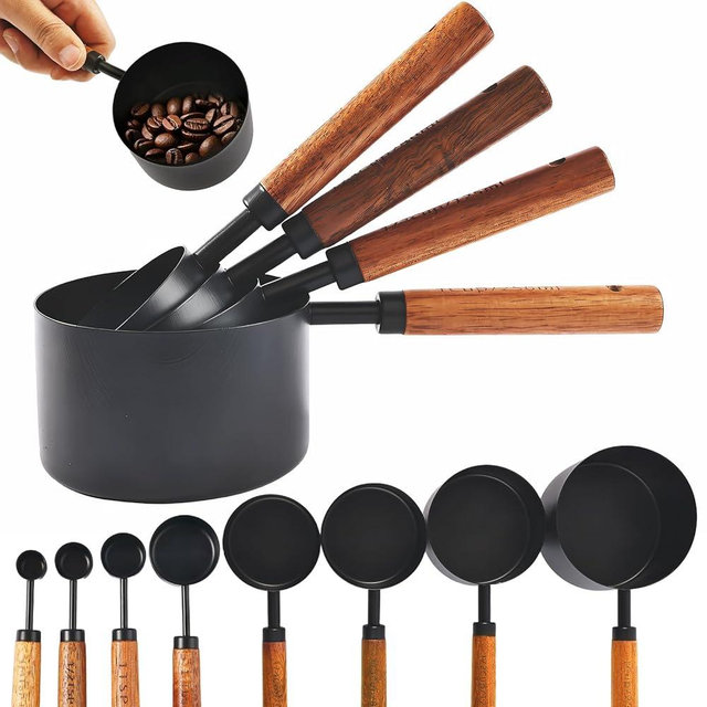 LLJOKUSA Stainless Steel Measuring Cups and Spoons Set with Acacia Wood Handle, 8-Piece Kitchen Metal Measuring Set, Collapsible Measuring Cups