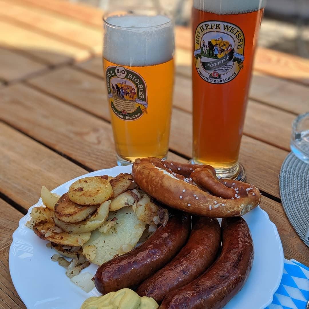 Beer, Bratwursts, and potatoes for breakfast! Munich, Germany. July 2019.