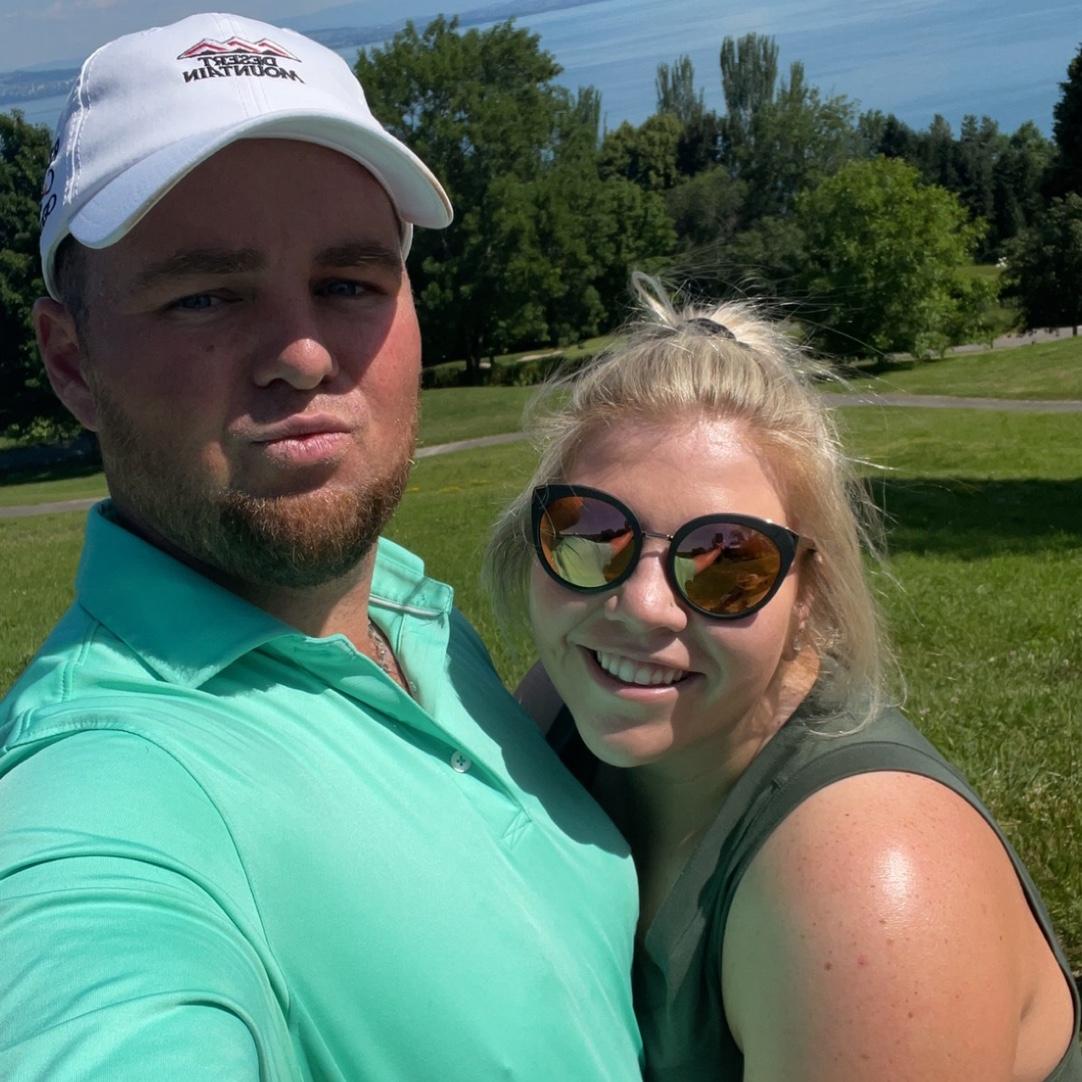This photo was taken in Evian, France at the Evian Golf Resort. This is also where Katie found out how much Matthew loves golf!