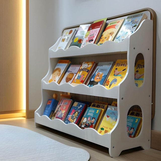 AMMEHOELA Kids Book Shelf Wooden Montessori Bookshelf Dutch Design 3Tier Scalloped,SnowfallWhite