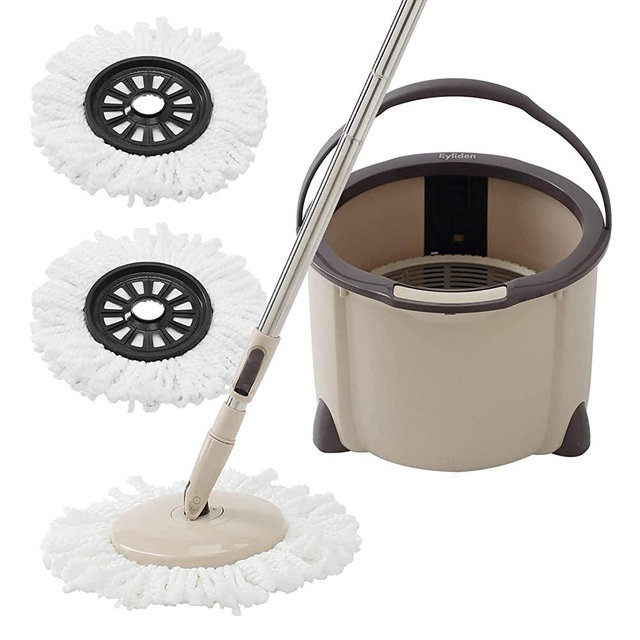 Eyliden Microfiber Mop Buckets System, 360 Spin Rapid Dehydration Dust Mop Buckets with 2 Mop Pads, Adjustable Handle, Dry and Wet Mops, Commercial & Home Mop and Bucket for Floor Cleaning (Brown)