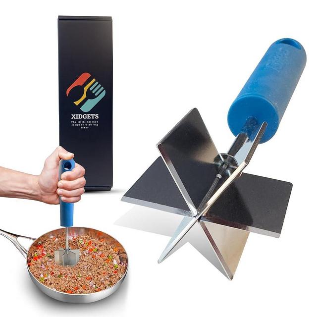 Stainless Steel Meat Masher and Tenderizer with Soft Grip Handle – Heavy Duty Handle & Mashing Head for Ground Beef, Meat, and More – Mondo Meat Masher by Xidgets (Lagoon Blue)