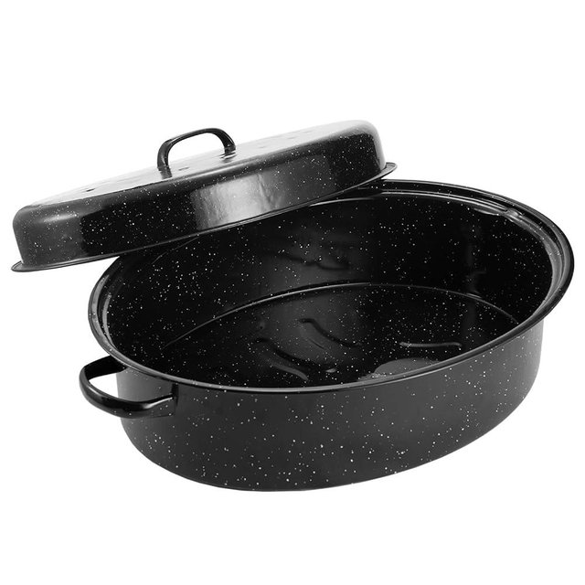 Granite Roaster Pan, 19” Enameled Roasting Pan with Domed Lid. Oval Turkey Roaster Pot, Broiler Pan Great for Turkey, Chicken, Lamb, Vegetable. Dishwasher Safe Cookware Fit for 20Lb Turkey by Kendane