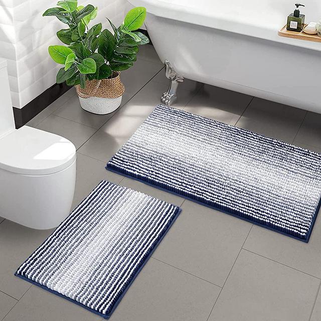Bathroom Rugs and Mats Sets, 2 Piece Thick Absorbent Chenille Bath Mat Rug Set Non Slip, Soft Shaggy Bath Room Floor Mats for Bathroom, Machine Washable (20" x 32" Plus 16" x 24", Navy)