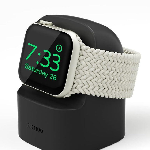 ELETIUO Charger Stand Compatible with Apple Watch Series 49/46/45/44/42/41/40/38mm iWatch Ultra2/Ultra/10/9/8/SE2/7/6/SE/5/4/3/2/1,Silicone Charging Dock Station Compatible with Night Stand Mode,Black