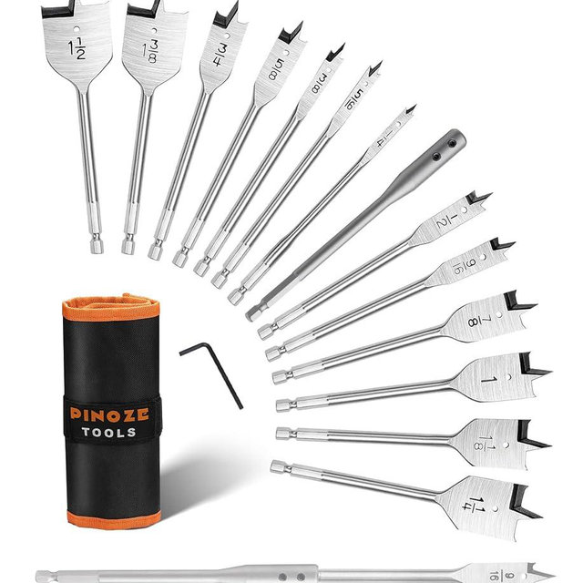 PINOZE 14-Piece Spade Drill Bit Sets with 6“ Extension, Paddle Flat Bit for Hole Cutter Woodworking, 1/4" to 1-1/2", Quick Change 1/4 inch Hex Shank, Nylon Storage Pouch Included