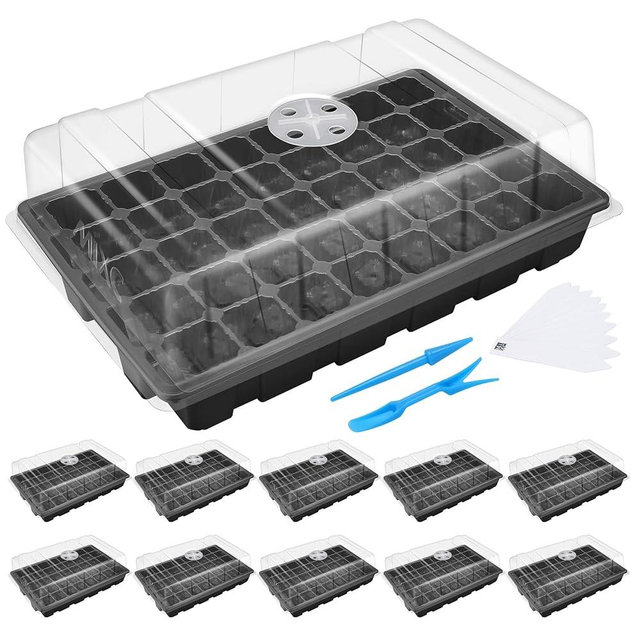 MIXC Seedling Trays Seed Starter Tray, 10-Pack Mini Propagator Plant Grow Kit Greenhouse with Humidity Vented Domes and Base for Seeds' Starting (40 Cells Per Tray, Total 400 Cells), Black