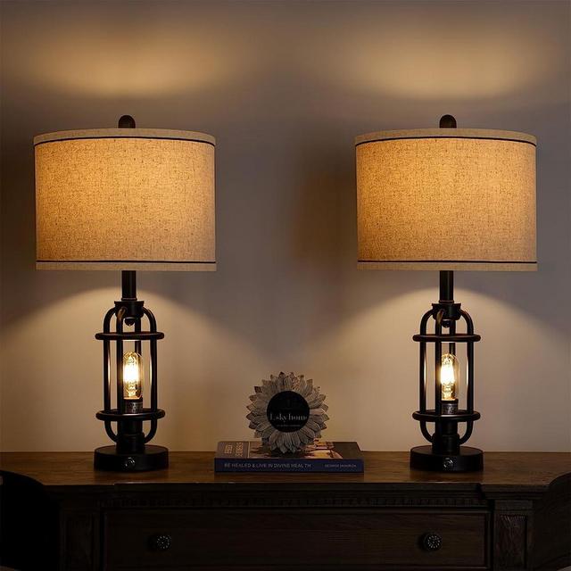 G-SAFAVA 23.75 Inch Industrial Table Lamp with 3-Way Dimmable Touch Control Set of 2 and 2 USB Charging Ports. Modern Style for Bedroom & Bedside Tables