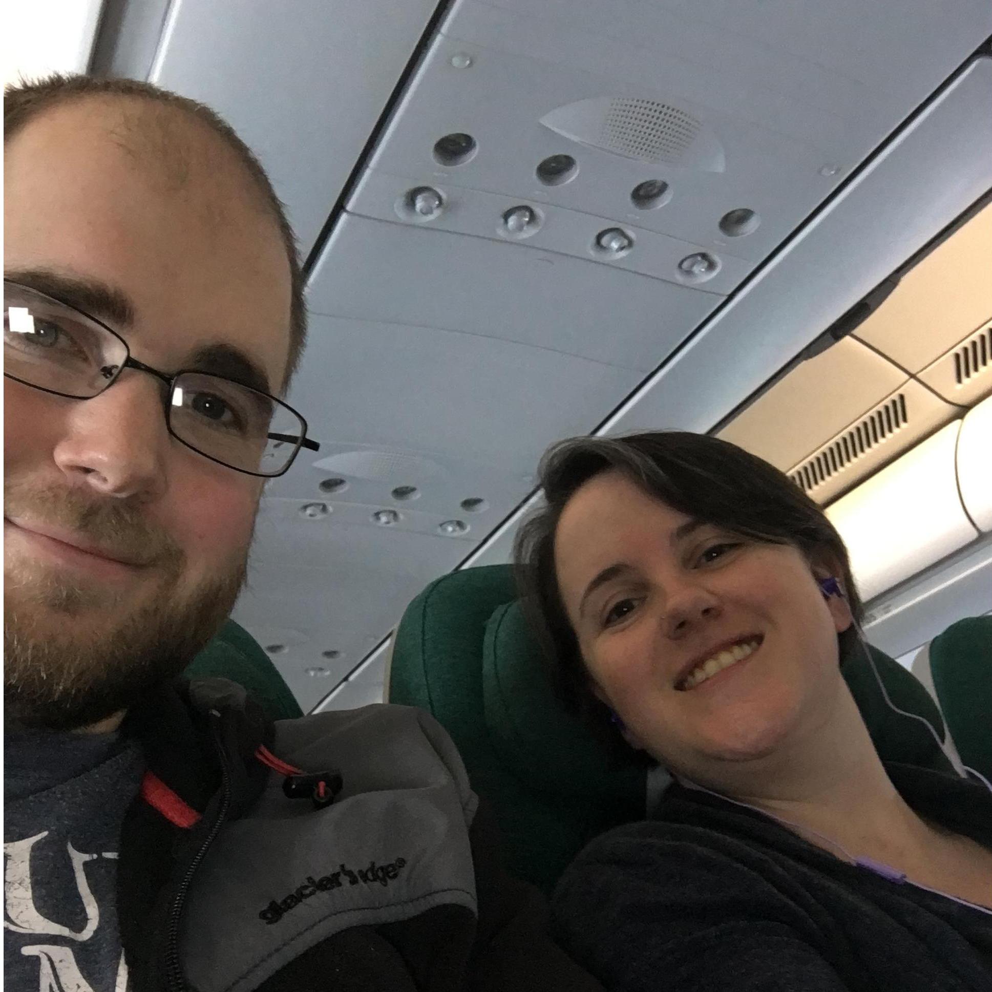 On the plane for our first vacation together. Scotland October 2017