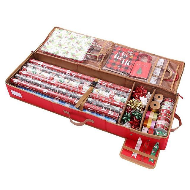Sattiyrch Gift Wrapping Paper Storage containers,600D Oxford Fabric Christmas Ribbon Gift Bag Bows Storage Box,Holds up to 20 Rolls,42W x 14D x 5H (Red)