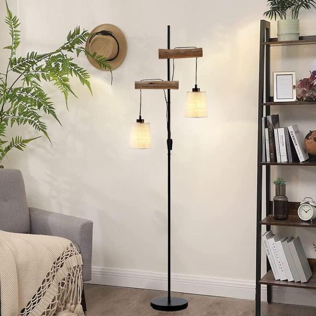 Floor lamp 2 Lights for Living Room Modern Contemporary Standing Floor Lamp White Warm Barrel Fabric Drum Shade,Tall Vintage Pole Light for Living Room Reading House Bedroom Home Office