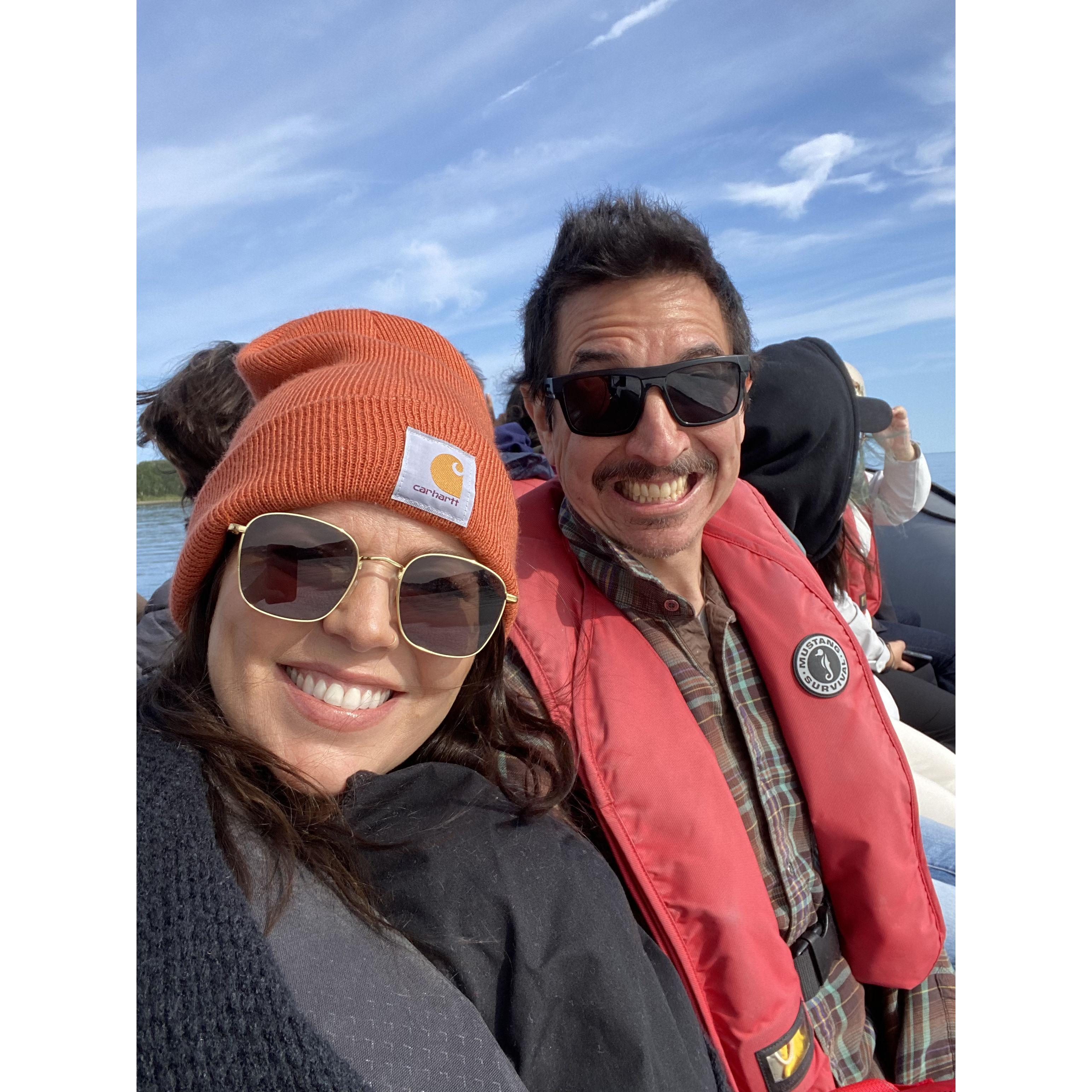 Alex and Jason whale watching in Nova Scotia, Canada.