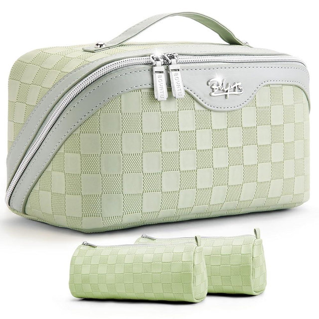 BOYATU Travel Makeup Bag Organizer: 3 Pcs Set Large Capacity Cosmetic Bags Holds 10–20 100ml Full-Size Bottles - 180°Open-Flat Make up Case 3-sec touch-up - Toiletry Bag Gift women (01-D-Green)