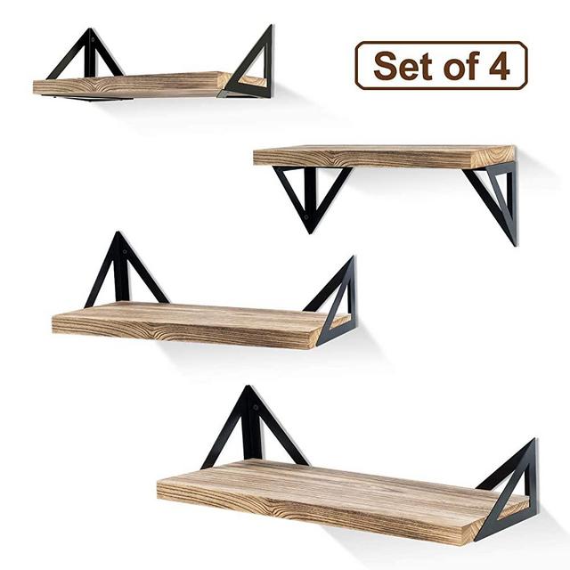 Klvied Floating Shelves Wall Mounted Set of 4, Rustic Wood Wall Shelves, Storage Shelves for Bedroom, Living Room, Bathroom, Kitchen, Office and More, Carbonized Black (Carbonized Black)