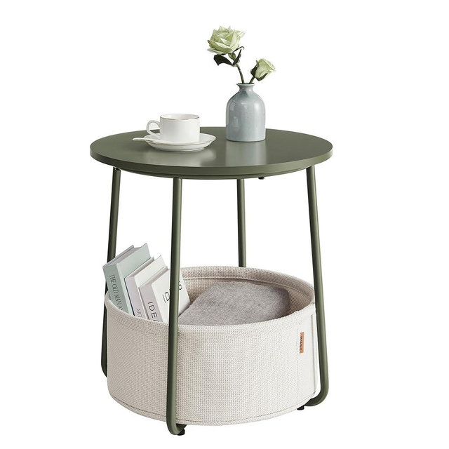 VASAGLE Small Round Side End Table, Modern Nightstand with Fabric Basket, Bedside Table for Living Room Bedroom, Forest Green and Cream White ULET223C80