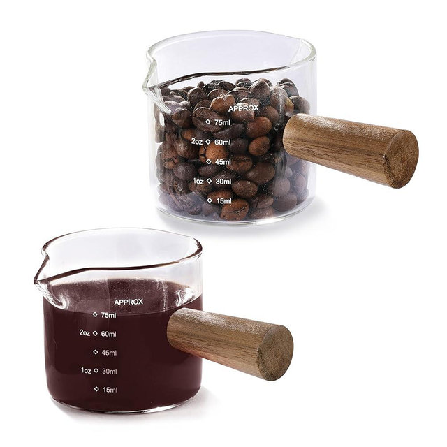VRUIFA 2 Pack Measuring Cups, Espresso Shot Glass with Wood Handle, Clear Glass with Dual Scale, Espresso Accessories with Double Spouts, 2.5 OZ /75 ML