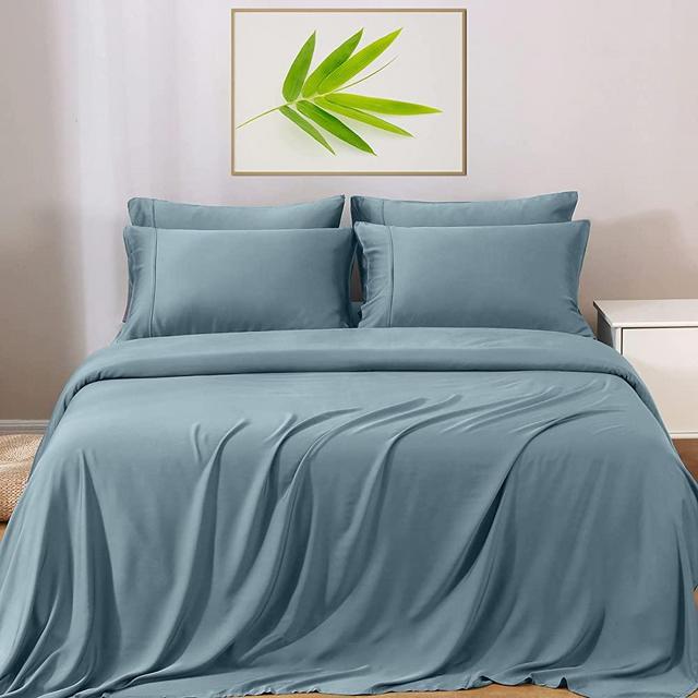 GOKOTTA Bamboo Sheets King Size - Rayon Sheets, Cooling Bed Sheets, Ultra Soft & Silky Sheets, Breathable & Comfortable Bamboo Solid 4-Piece Bed Sheets Set, 16" Deep Pocket 300 Thread Count Blue