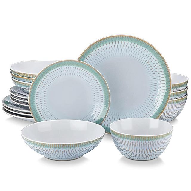 vancasso Pluvo Stoneware Dinnerware Set Embossed Vintage Look Gradient Green Dinnerware Tableware, 16 Pieces Dinner Service Set for 4, Include Dinner Plate, Dessert Plate, Cereal Bowl and Pasta Bowls