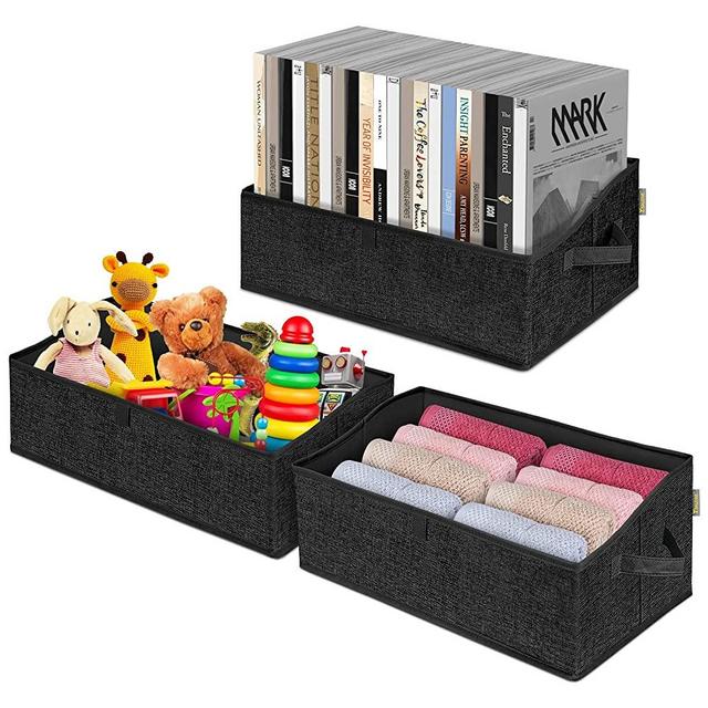 BALEINE 3 Pack Closet Storage Bins for Shelves, Trapezoid Clothing Organizer with Handles, Foldable Linen Fabric Box Containers for Home Bedroom Office, Black Large