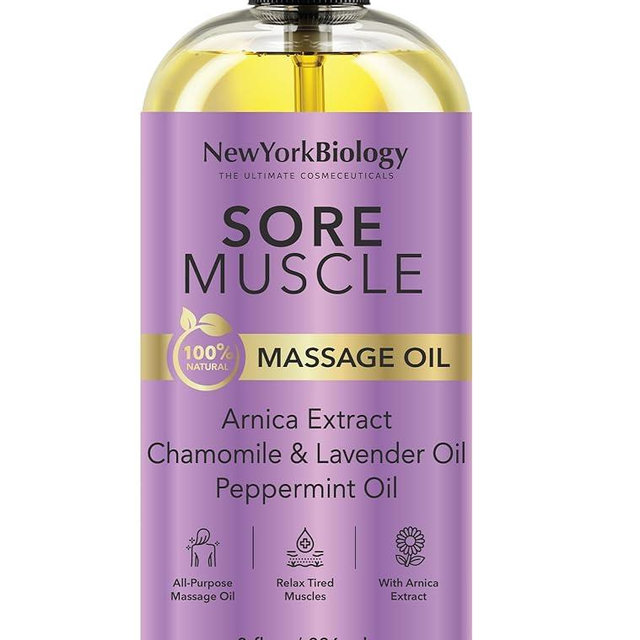New York Biology Sore Muscle Massage Oil 8 Fl Oz – Made with 100% Natural Oils – Soothing Body Massage Oil - Absorbs Easily