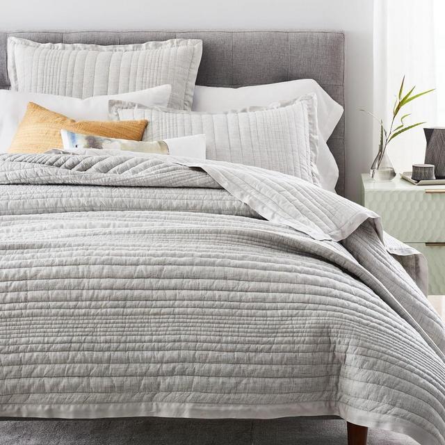 Belgian Flax Linen Linework Quilt, King/Cal. King, Frost Gray