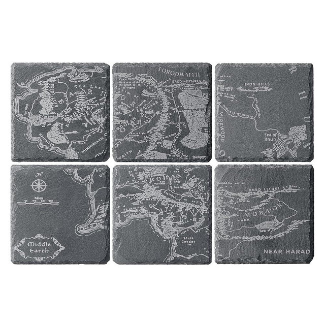 LOTR Middle Earth Map Coasters Set of 6 - Fantasy Slate Drink Coasters with Inspired Engraved Design Gift Set - Unique Barware & Home Decor for Lord of The Rings Fans Gifts, Coffee Table Protection