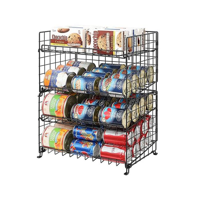 Stackable Can Rack Organizer, 4-Tier Can Storage Rack for Kitchen Cabinet Pantry, Multifunctional Can Dispenser for Storing Canned Snacks Drinks and More,Black