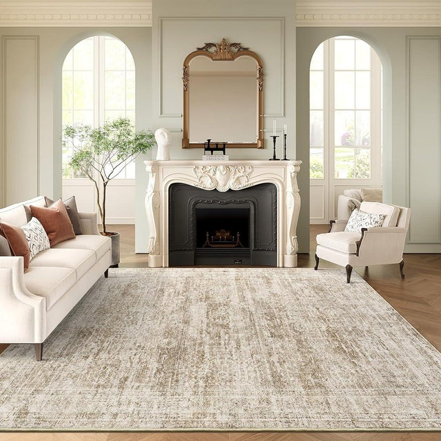 Soalmost 9x12 Area Rugs for Living Room, Non Slip Machine Washable Vintage Rugs, Low Pile Lightweight Large Rug for Bedroom, Dining Room, Home Office Brown