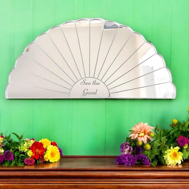 Art Deco Fan Shaped Acrylic Mirrors with White Backing & Hooks, Bespoke Shapes Made, Engraving Services