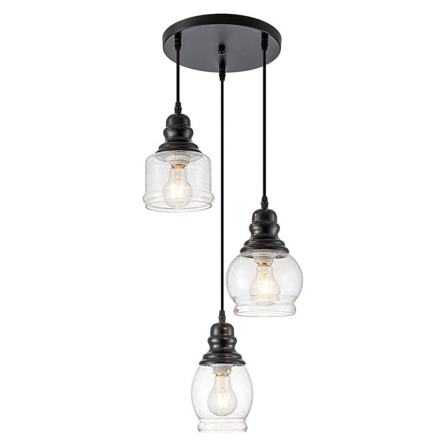 WILON Pendant Light Fixtures, 3 Light Pendant Lighting for Kitchen Island Industrial Hanging Pendant Lighting with Seeded Glass Shade, Black Glass Pendant Light for Dining Room Kitchen Island