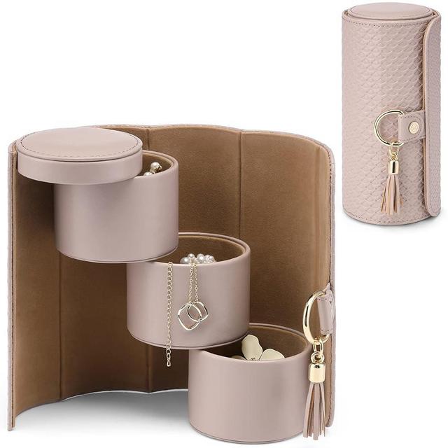 Vlando Travel Jewelry Box, Travel Jewelry Case for Women Girls, Earring organizer Necklacke Organizer Ring Organizer Box with Hand-held Design for Travelling - Grey+Khaki Inner