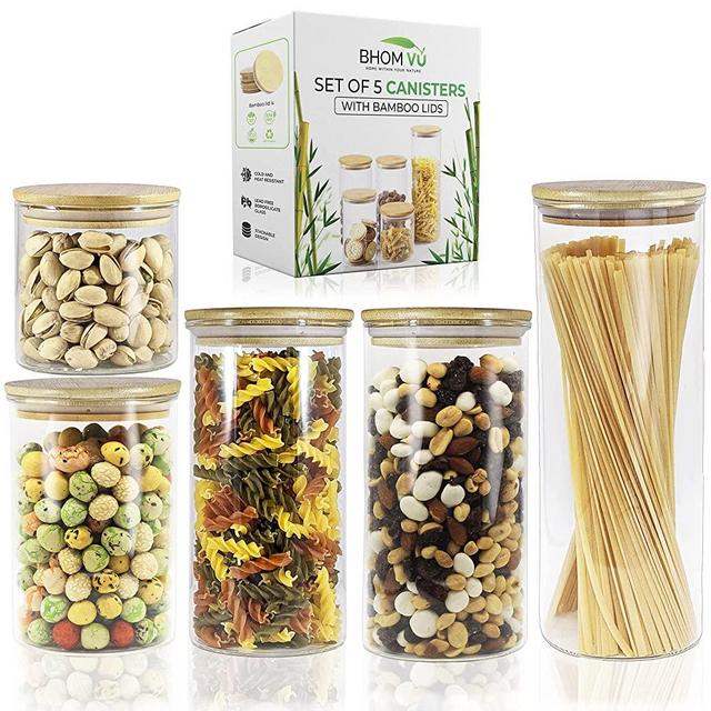 BHOM VU Glass Storage Containers with Lids – Set of 5 Clear Kitchen Canisters – Airtight Sealing Bamboo Lids – Food Storage Containers for Coffee, Sugar, Flour, Pasta, Cookies and Pantry Storage