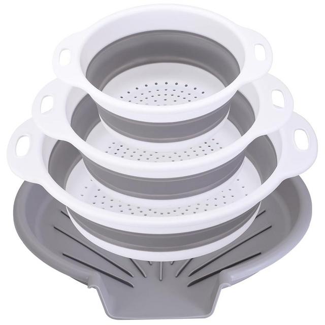Cluren Collapsible Colander Set with Universal Draining Tray | 3-Pack Foldable Kitchen Strainers + Base | Space Saving for Pasta, Veggies, Fruit & Rice | 5 Colors (Gray-White)