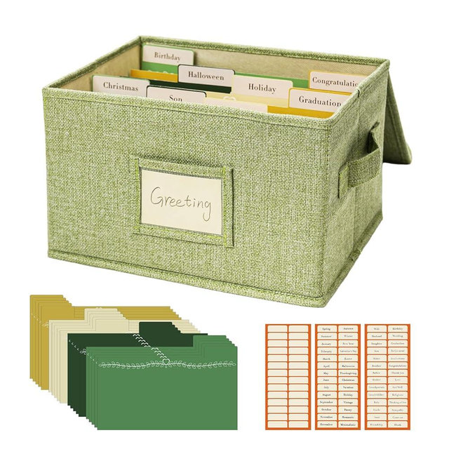 Vienrose Greeting Card Organizer Storage Box with 20 Removable Dividers, 84 Self-stick Labels, Perfect for Photos, Envelopes, Scrapbooking, Paper, Stickers Holder 1 Pack Grass Green