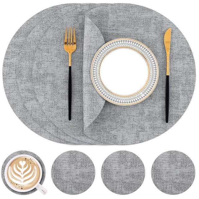 Homaxy Round Faux Leather Placemats and Coasters, Washable Dual-Side Table Mats, Wipeable Heat-Resistant Dining Place Mats for Outdoor and Indoor, Set of 4, Diameter 13 and 3.93 inch, Light Grey