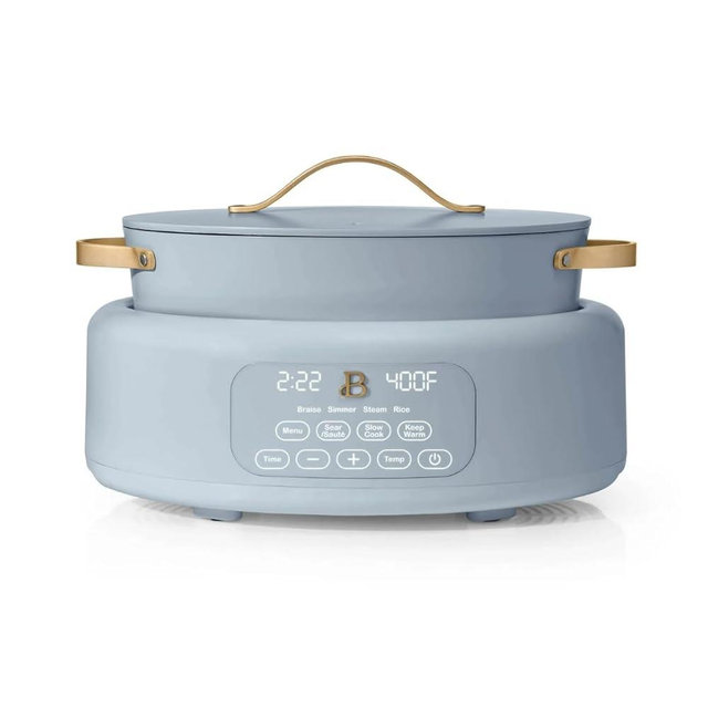 Beautiful 10-in-1 Electric Multi-Cooker by Drew Barrymore, 6-Quart Capacity, Touch-Activated Display, Oven-Safe Pot and Lid, Stainless Steel Handles (Cornflower Blue)