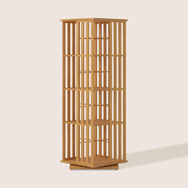XIMN 360° Rotating Bamboo CD/DVD Shelf - 6-Tier Space-Saving Media Storage Cabinet for Movies, Organizer with Super Compact Design (Nature, 4 Tier)