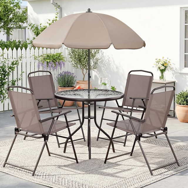 TLSUNNY 6 Pieces Patio Dining Set with 65″ Umbrella, Outdoor Table and Chairs with 31.5″ Round Glass Table, 4 Folding Textilene Chairs, Patio Dining Set W/Steel Frame, for Poolside, Backyard (Brown)