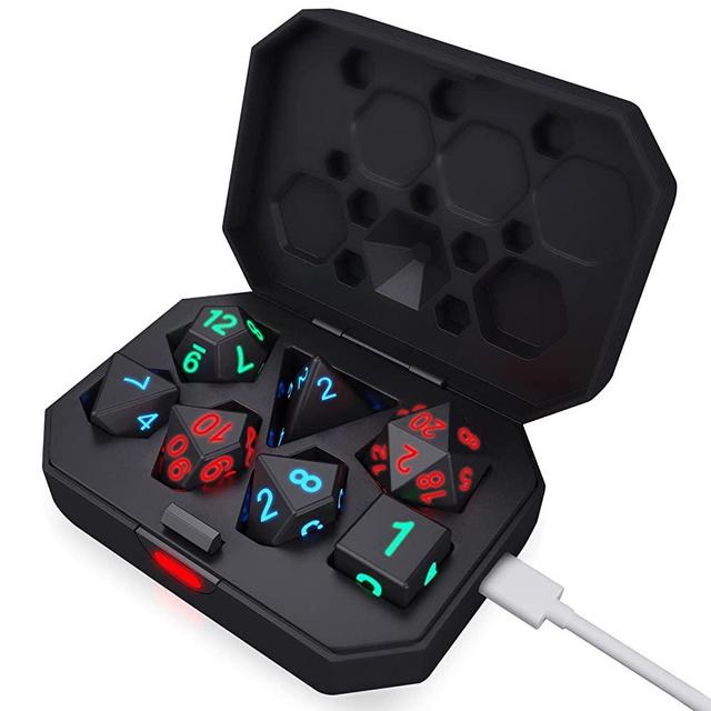 Glowing Dice Set 7Pcs, DND Dice, Shake to Light Up LED Dice Color Changing Glitter, USB Port Charging, for Dungeon and Dragons, D&D, Sci-Fi, Yu-Gi-Oh Table Games Dice