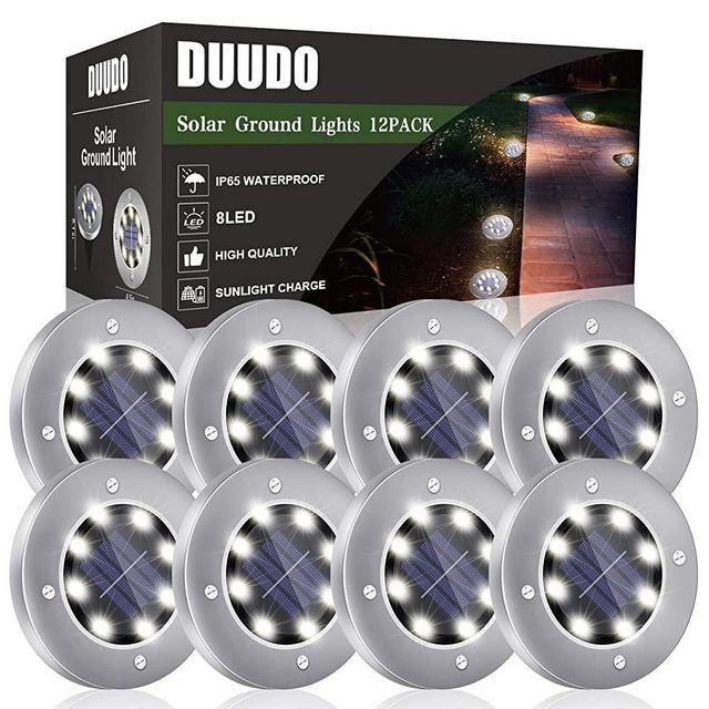 DUUDO Solar Lights Outdoor 8 LED Solar Ground Lights Waterproof Bright in-Ground Lights for Landscape Deck Outdoor Solar Lights (White, 8pack)